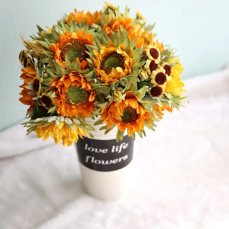 1 puokštė Geltona Šilko Saulėgrąžų dekoratyvinių gėlių 5 filialo/dirbtinių gėlių puokštė namų puošybai