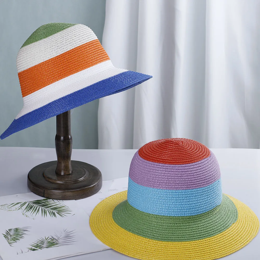 2022 Moterų vaivorykštė Šiaudų kibirą Skrybėlės Panamas UV Apsauga, Saulės Skydelis Paplūdimys Skrybėlės mados Skydeliai, Sulankstomas vasaros saulės skrybėlę