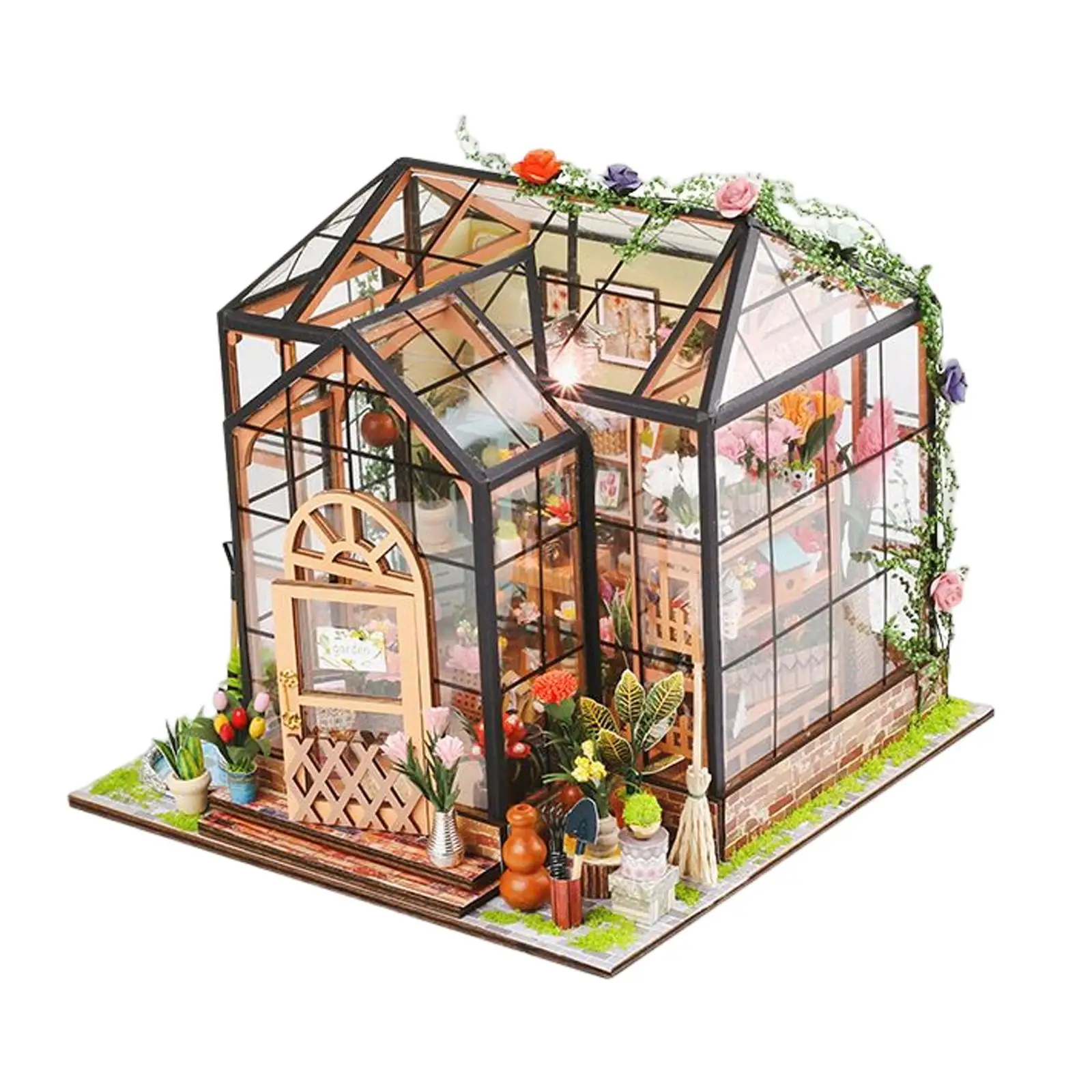 3D Miniatiūriniai Lėlių namelis Green House Žaislai Žibintai Unisex Pastato Nustatyti Amatų Sunroom Modelį, Dovanos, Moterims, Paaugliams, Vaikams, Vaikai