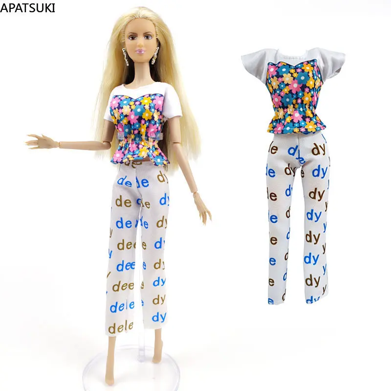 Baltųjų Gėlių Mados Drabužių Rinkinys Barbie Lėlės, Komplektai, 1/6 Lėlės Priedai T-shirt Viršuje Kelnės Kelnės Žaislai Vaikams