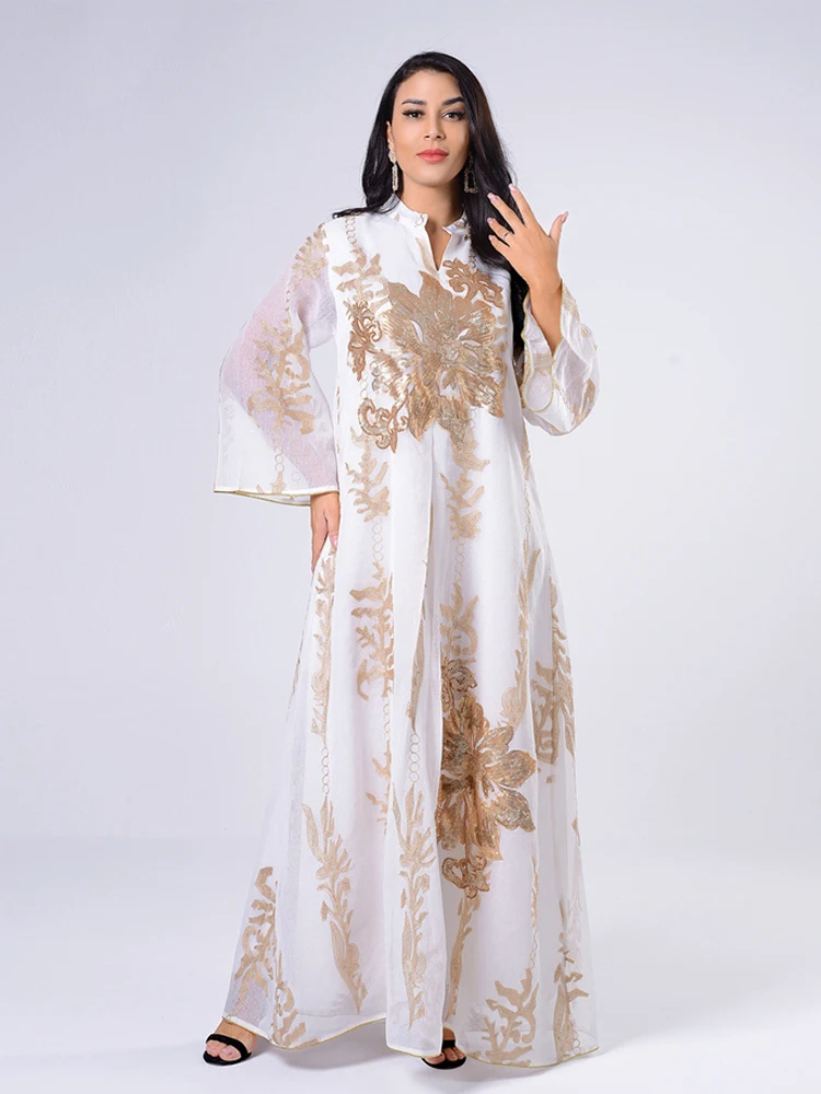 Blizgučiai Siuvinėjimas Moterų Jalabiya Imitacija Lino Arabų Suknelė Musulmonų Šalis Nešioti Balta Vestuvinė Suknelė Ramadanas Abaja Marokas Caftan