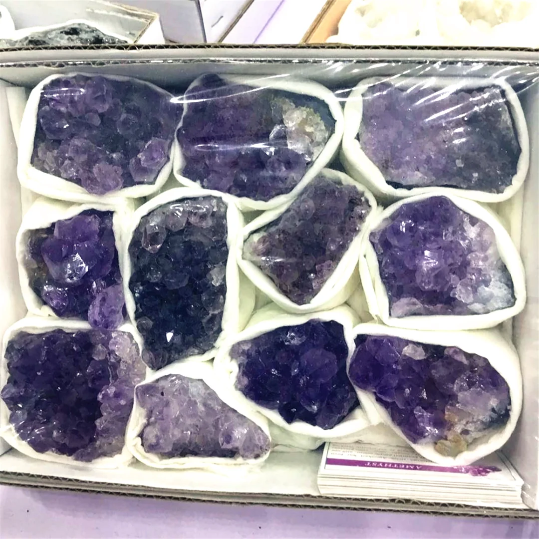 Gamtos Violetinė Kvarco Kristalų Grupių Grubus Ametistas Mineralinių Egzempliorių Grupių Rinkinys Dovanų Dėžutėje