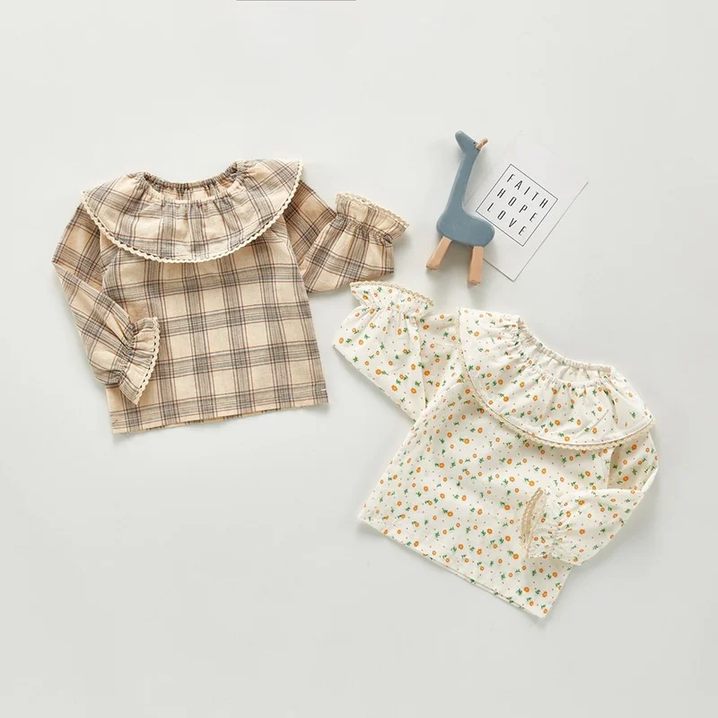 Korėjos Versija, Kūdikių Marškinėliai Ilgomis Rankovėmis Baby Girl Drabužiai Šukuotinės Medvilnės Pledas Gėlės Tees Bamblys Pavasarį, Rudenį Baby Palaidinė