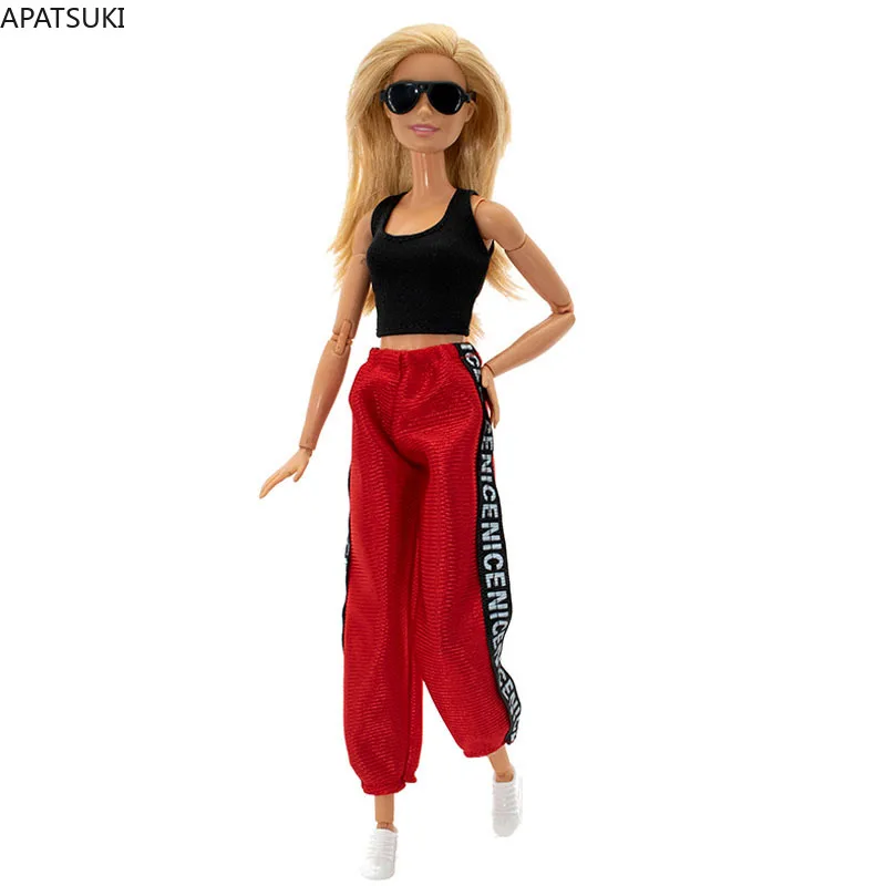 Mados Lėlės Drabužių Rinkinys Barbie Komplektus 1/6 Lėlės Priedai Juoda Pasėlių Viršų Bakas Vest Raudonos Kelnės Kelnės Vaikams, Žaislai