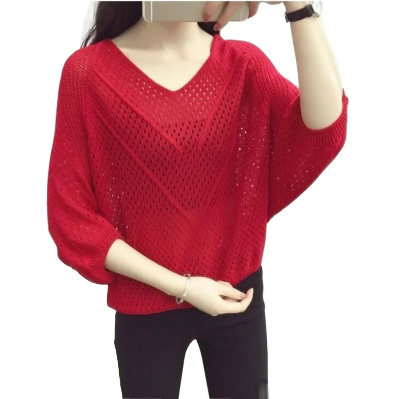 Pavasarį ir vasarą plonas V-kaklo megztinis megztinis moterų palaidinė Didelio dydžio trijų ketvirčių rankovėmis tuščiaviduriai megztinis prarasti gpgb marškinėliai