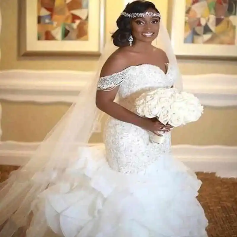 Prabangus, Elegantiškas Afrikos Undinė Vestuvių Suknelės 2021 Ruffles nuo Peties Perlai Nėriniai Atgal Vestuvinės Suknelės vestuvių suknelės