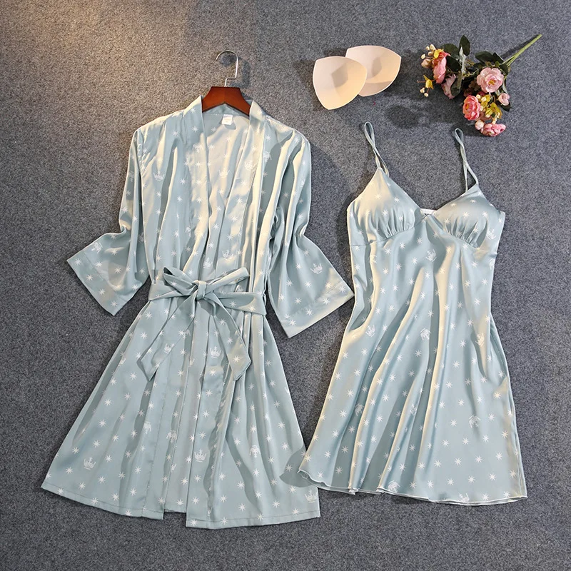 Seksualus Chalatas Kimono Suknelė Dirbtiniais Šilko Moterų Apdaras Sleepwear Spausdinti Pižamą Vasaros Satino 2021 Naujas Dviejų Dalių Rinkiniai Nightdress