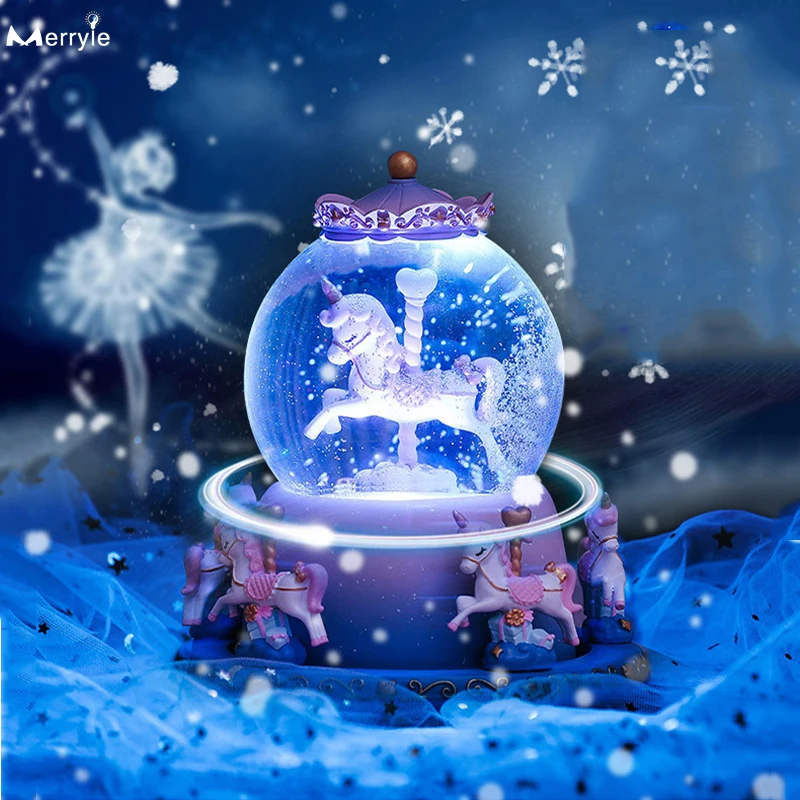 Spalvinga karuselė Krištolo Rutulį Naktį šviesos Kūdikių Vaikams Gimtadienio Dovana Led Stalo Apdailos Muzikos Dėžių, Auto Rotacija Naktį Lempa