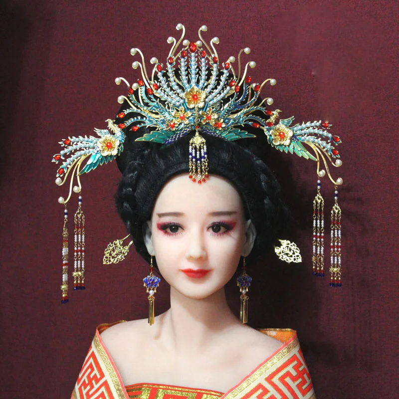 Vintage Stiliaus Imituoti Mėlyna Cloisonne Diancui Plaukų Tiara Senovės Kinijos Imperatorienė Princesė Nuotaka Vestuvių Phoenix Tiara Cosplay