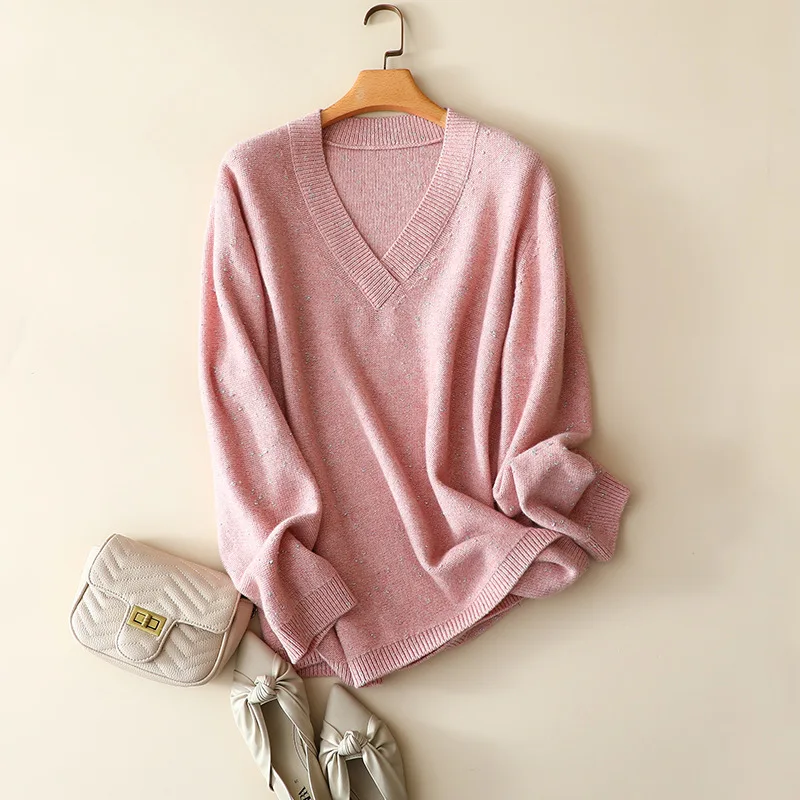 rudens-žiemos mados kašmyro vilnos rožinis megztinis v-kaklo moterų negabaritinių puloveriai) su ilgomis rankovėmis megzti skiedra lurex prarasti viršūnės